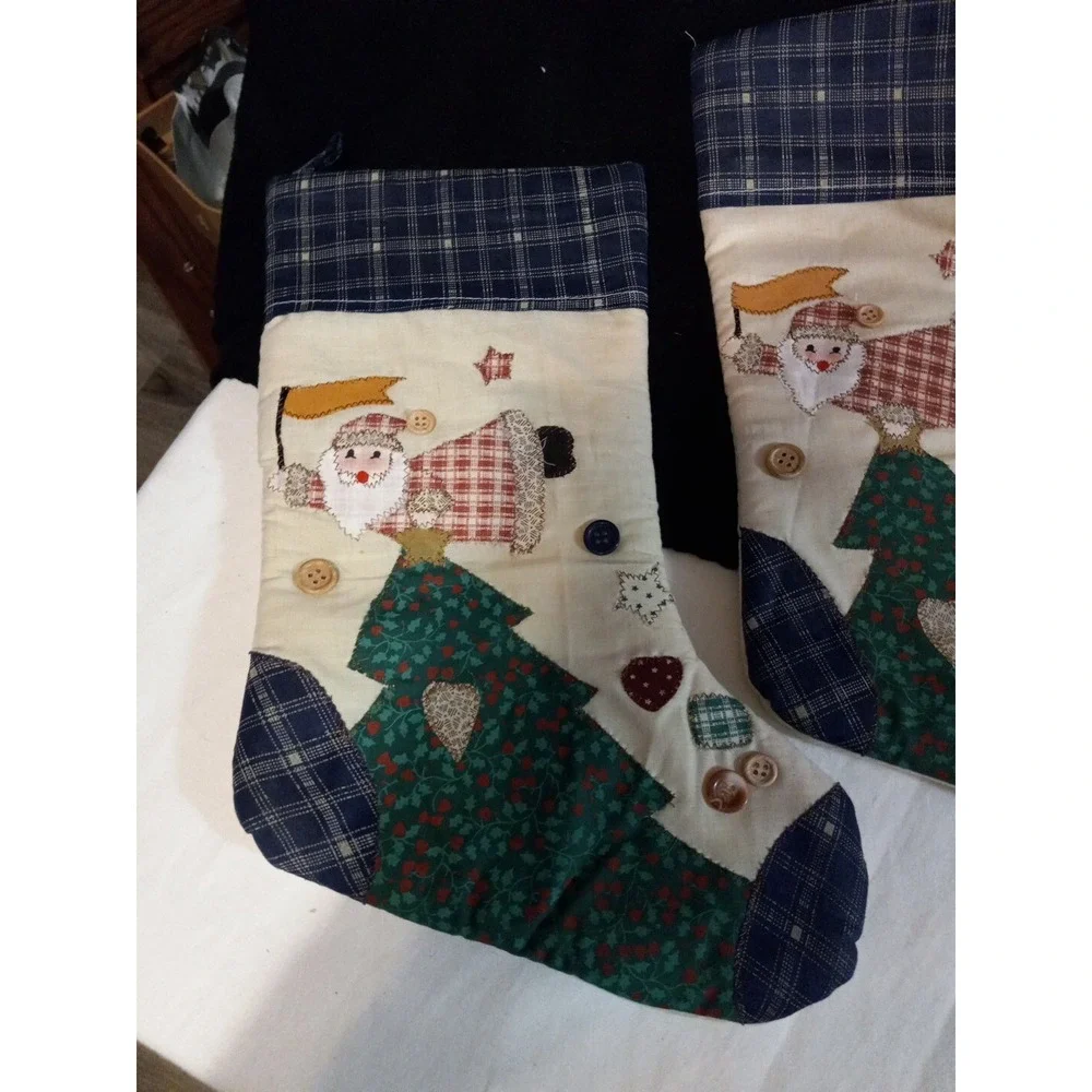 2 Handmade Christmas stocking Quilted Patchwork Buttons Blue 15
